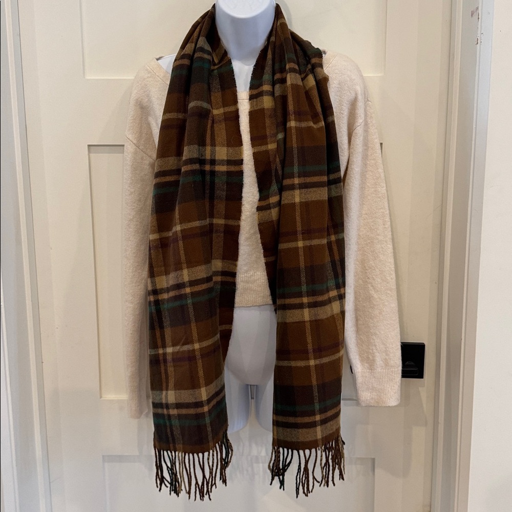 Elegant Brown Plaid Men's 100% Cashmere Scarf
